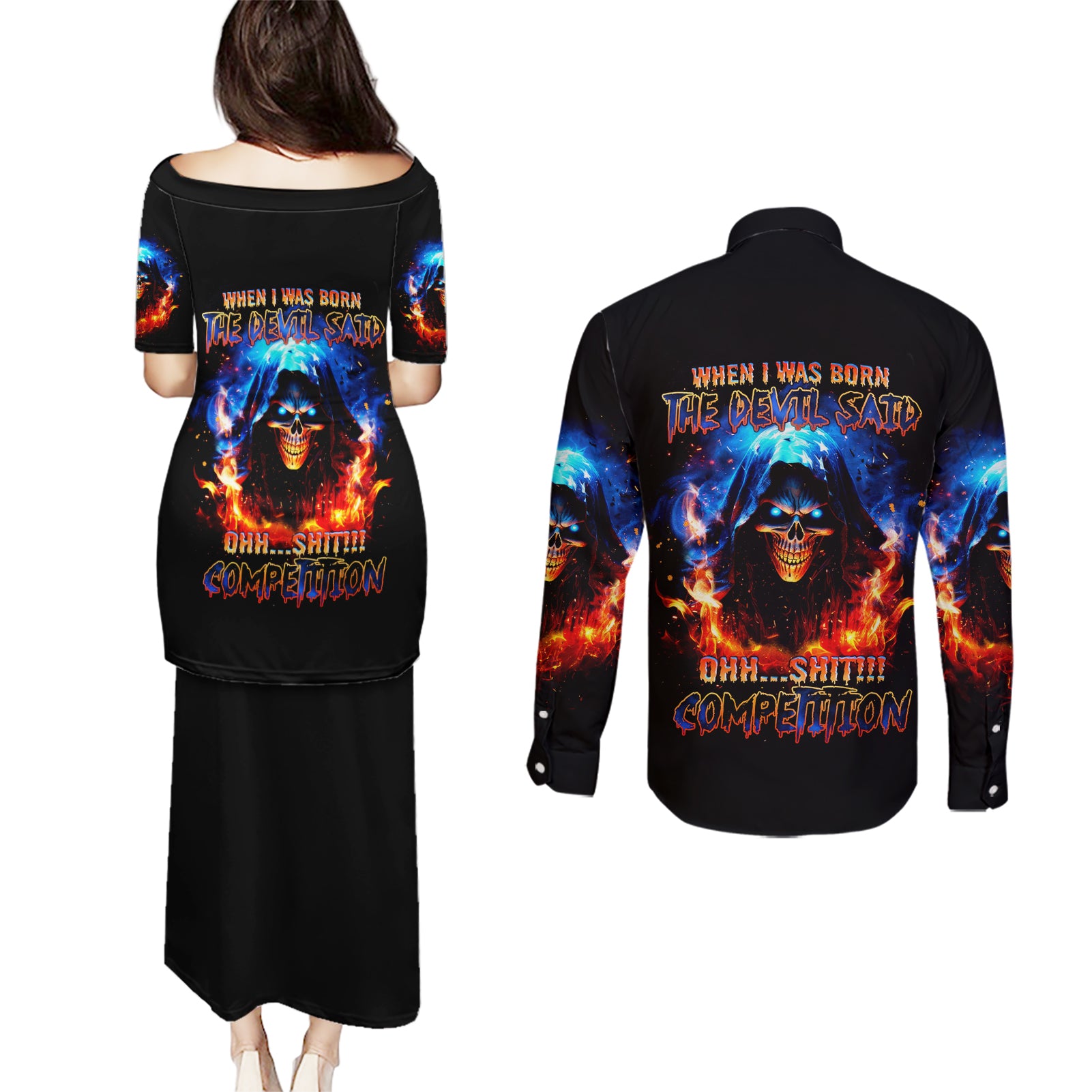 Flame Skull Couples Matching Puletasi Dress and Long Sleeve Button Shirt When I Was Born The Devil Said Competition - Wonder Print Shop