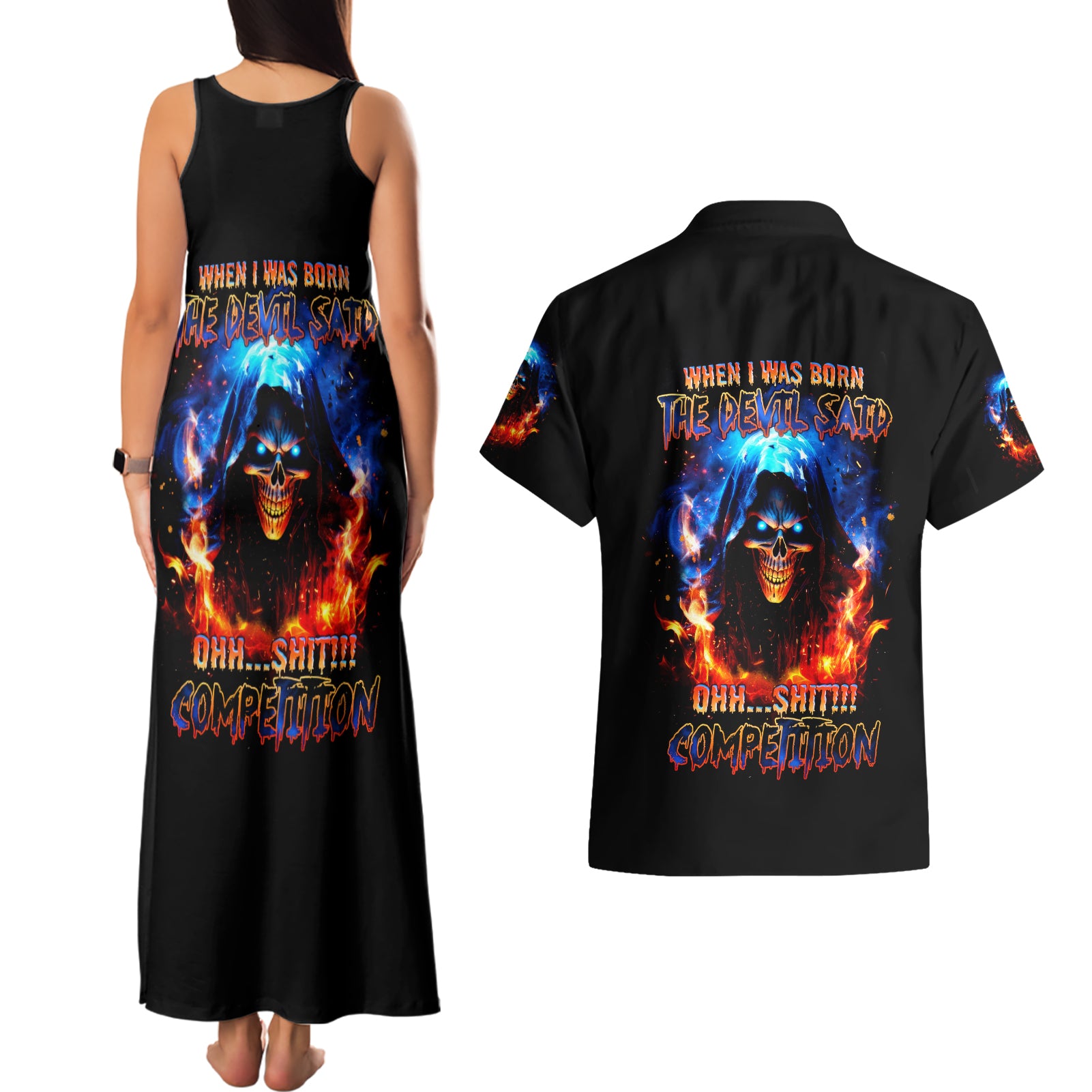 Flame Skull Couples Matching Tank Maxi Dress and Hawaiian Shirt When I Was Born The Devil Said Competition - Wonder Print Shop