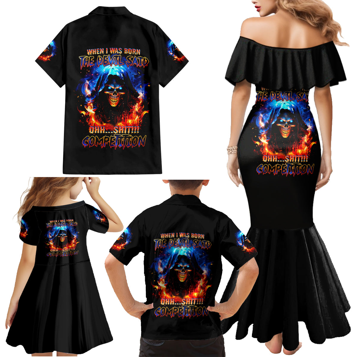 Flame Skull Family Matching Mermaid Dress and Hawaiian Shirt When I Was Born The Devil Said Competition - Wonder Print Shop