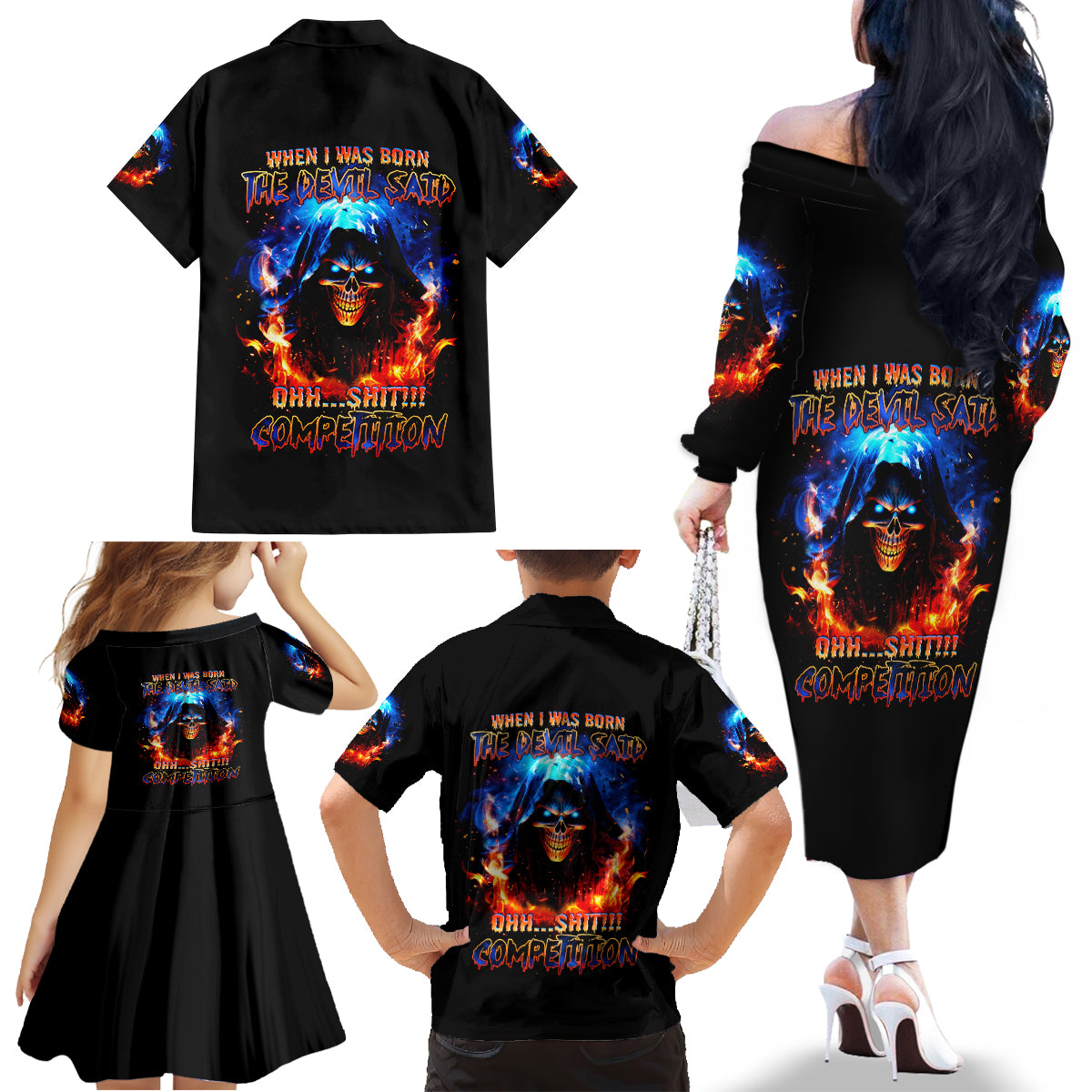 Flame Skull Family Matching Off Shoulder Long Sleeve Dress and Hawaiian Shirt When I Was Born The Devil Said Competition - Wonder Print Shop