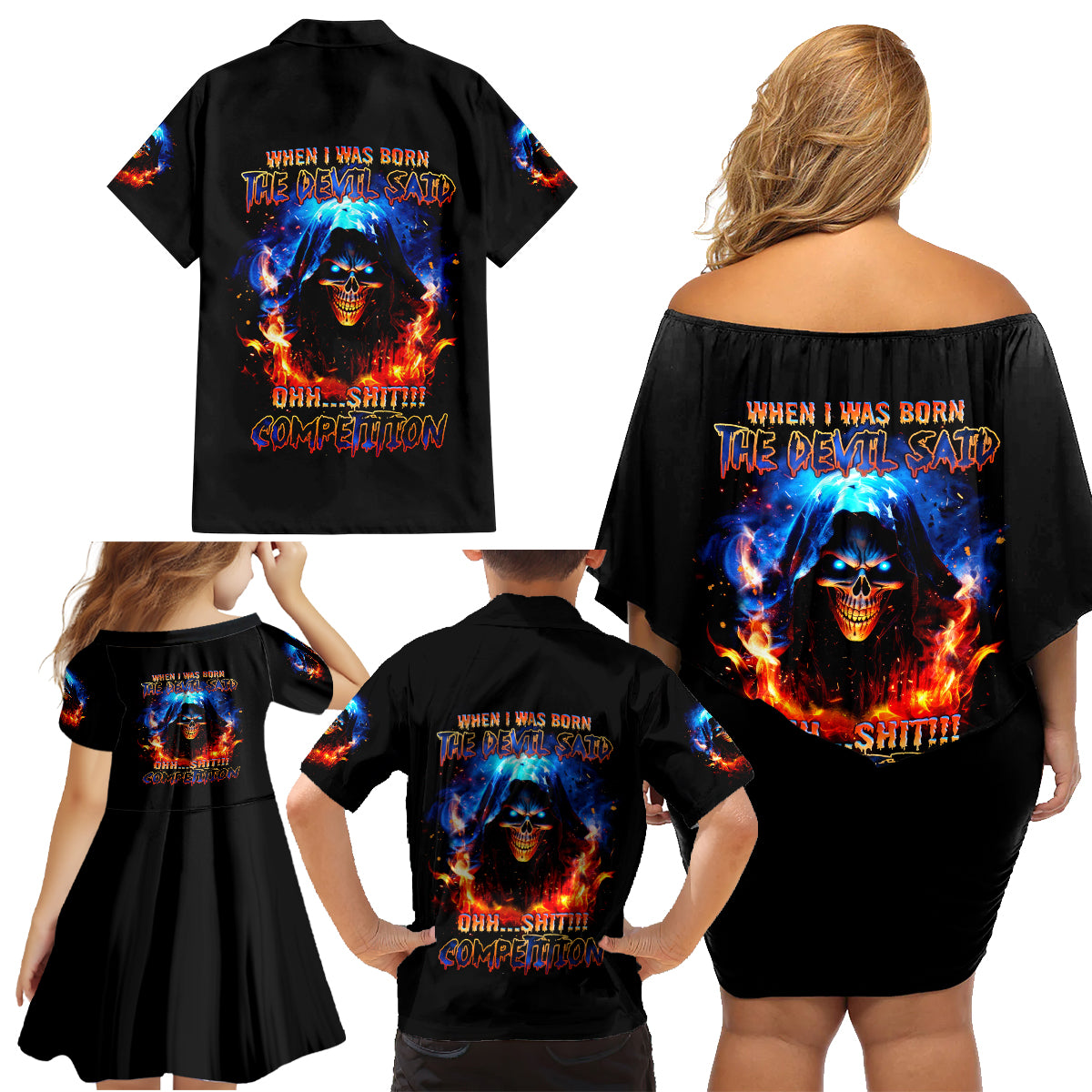 Flame Skull Family Matching Off Shoulder Short Dress and Hawaiian Shirt When I Was Born The Devil Said Competition - Wonder Print Shop