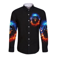 Black long sleeve button shirt with colorful skull flame chest graphic, printed sleeves