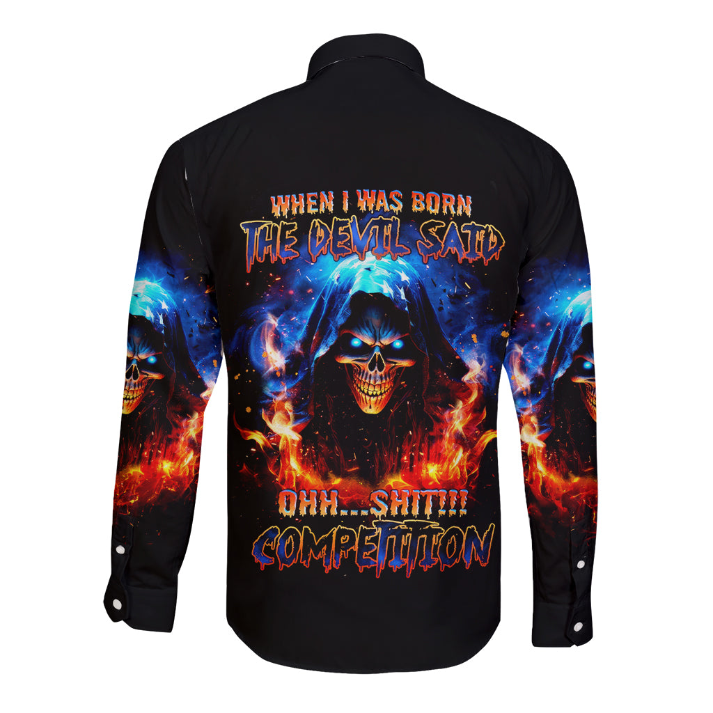 Black long sleeve button shirt, flaming skull graphic on back, colorful sleeve print