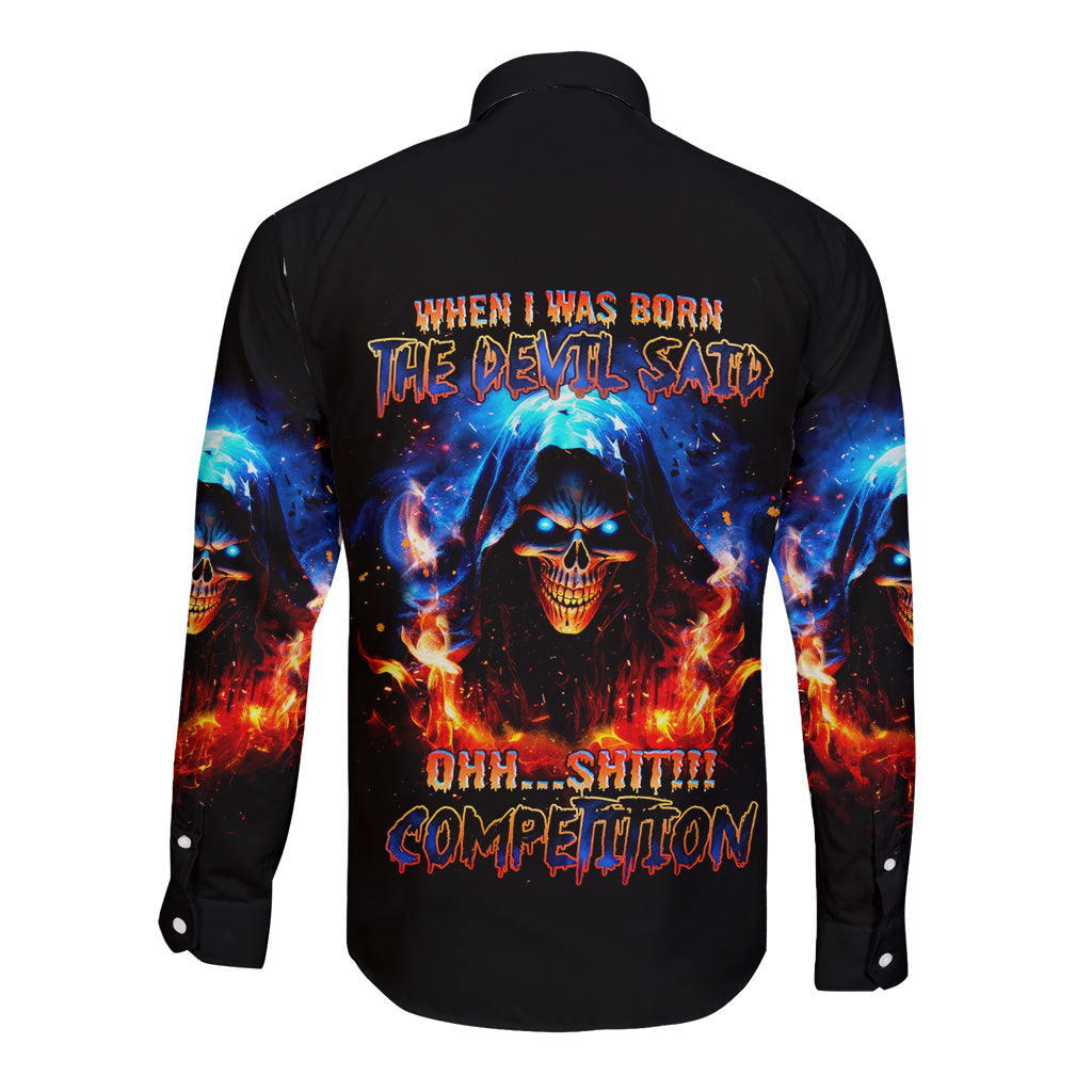 Flame Skull Long Sleeve Button Shirt When I Was Born The Devil Said Competition - Wonder Print Shop