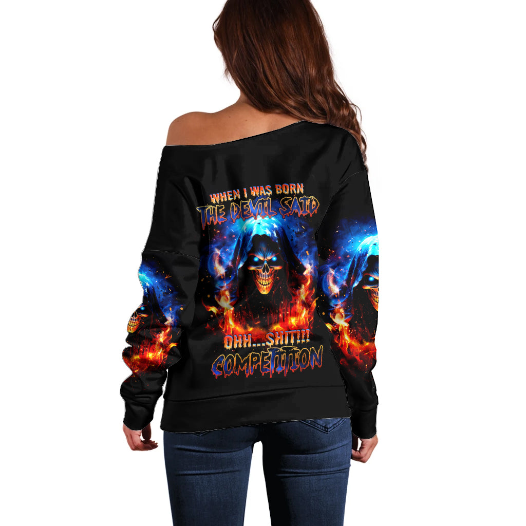 Flame Skull Off Shoulder Sweater When I Was Born The Devil Said Competition - Wonder Print Shop