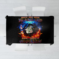 Black tablecloth with flame skull graphic and bold text, rectangular