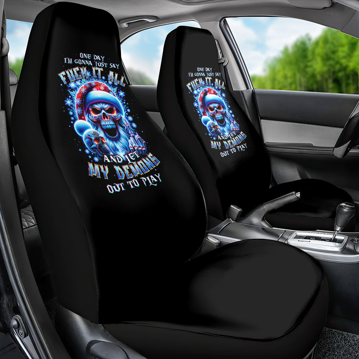 Skull Santa Claus Car Seat Cover One Day Say Fuck Itt All And Let My Demons Out - Wonder Print Shop