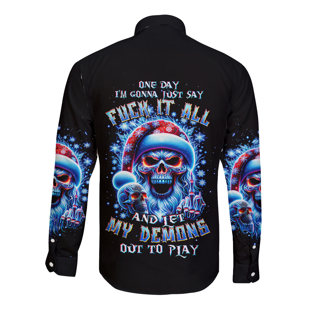 Skull Santa Claus Long Sleeve Button Shirt One Day Say Fuck Itt All And Let My Demons Out - Wonder Print Shop