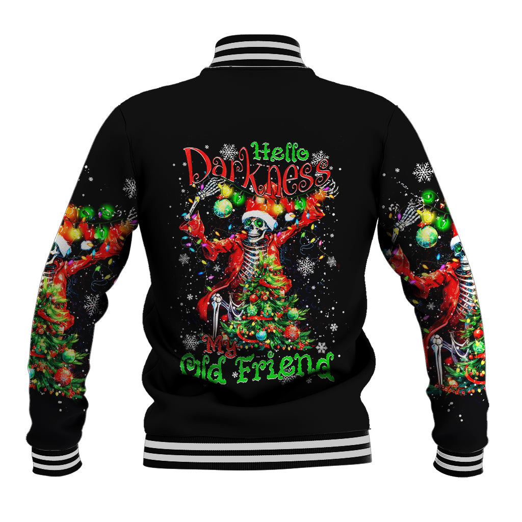 Black varsity baseball jacket with ribbed striped collar and colorful skeleton Santa back graphic