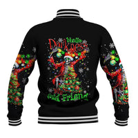 Black varsity baseball jacket with ribbed striped collar and colorful skeleton Santa back graphic