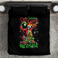 Black bedding set with skeleton Santa graphic, “Hello Darkness” and “My Old Friend” text