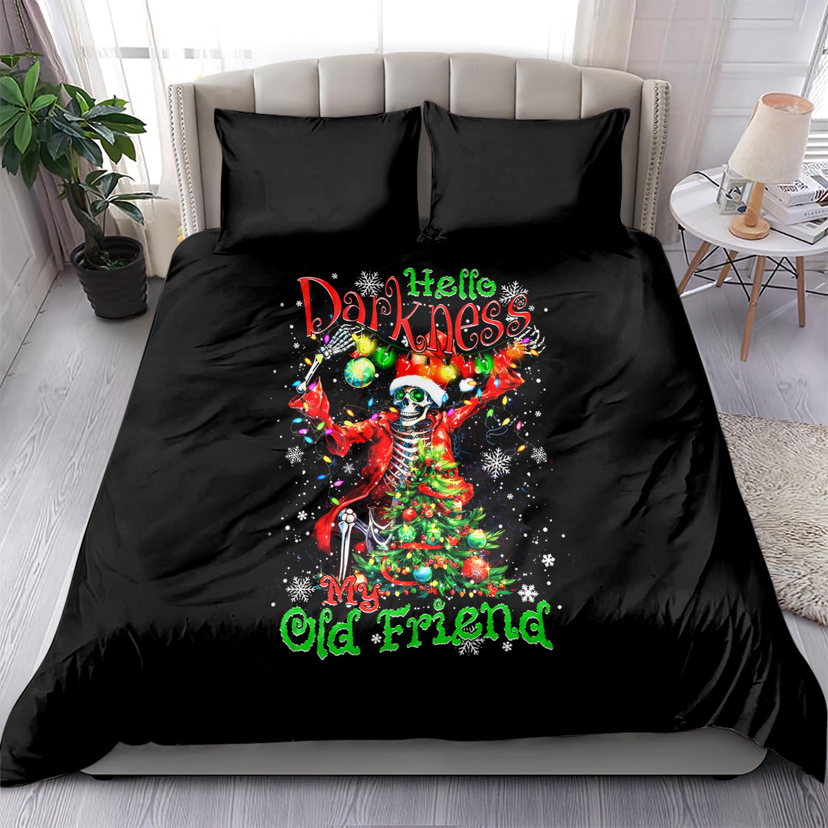 Black bedding set on bed with skeleton Santa holiday design, “Hello Darkness” “Old Friend”