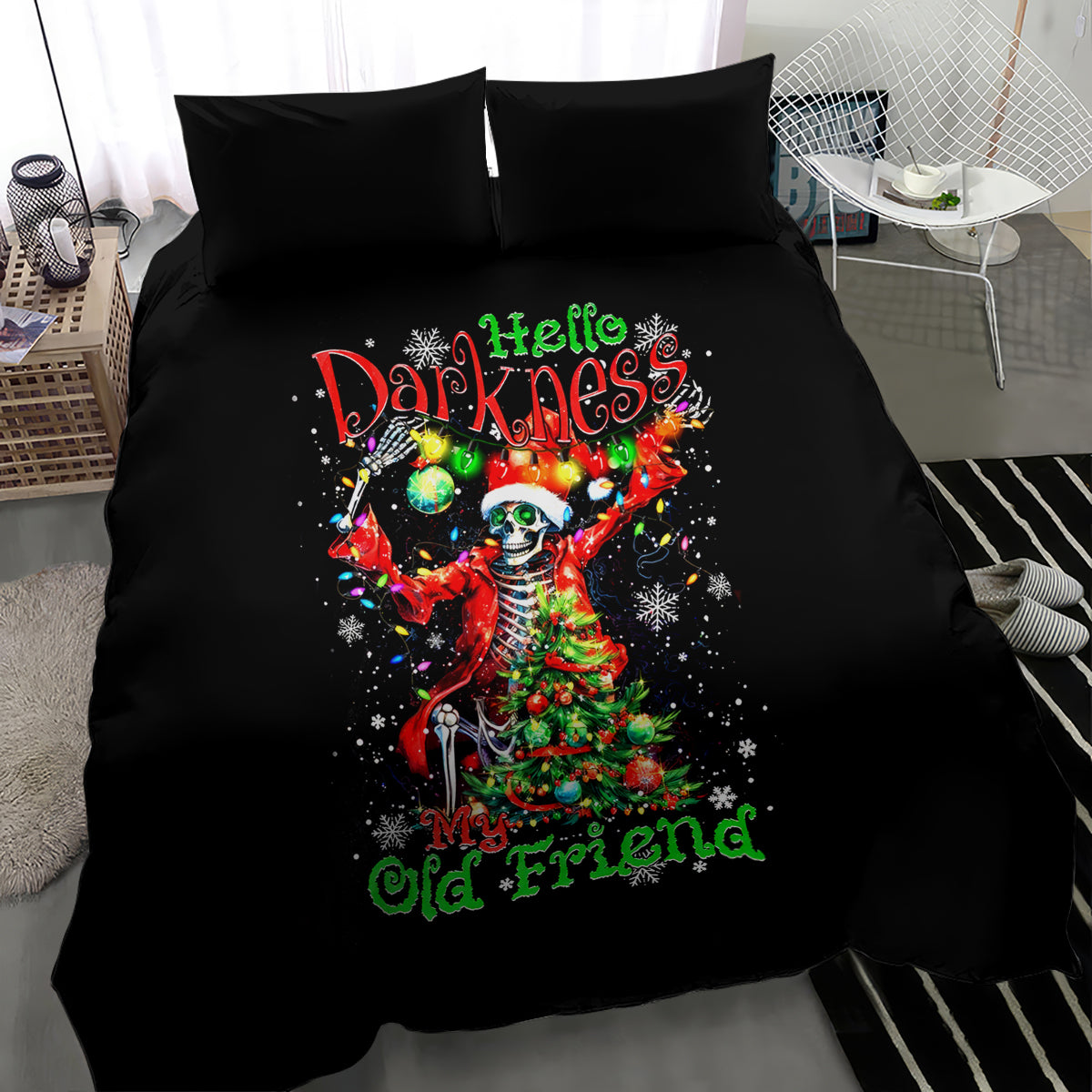 Black duvet set featuring skeleton Santa with multicolor lights and “My Old Friend” slogan
