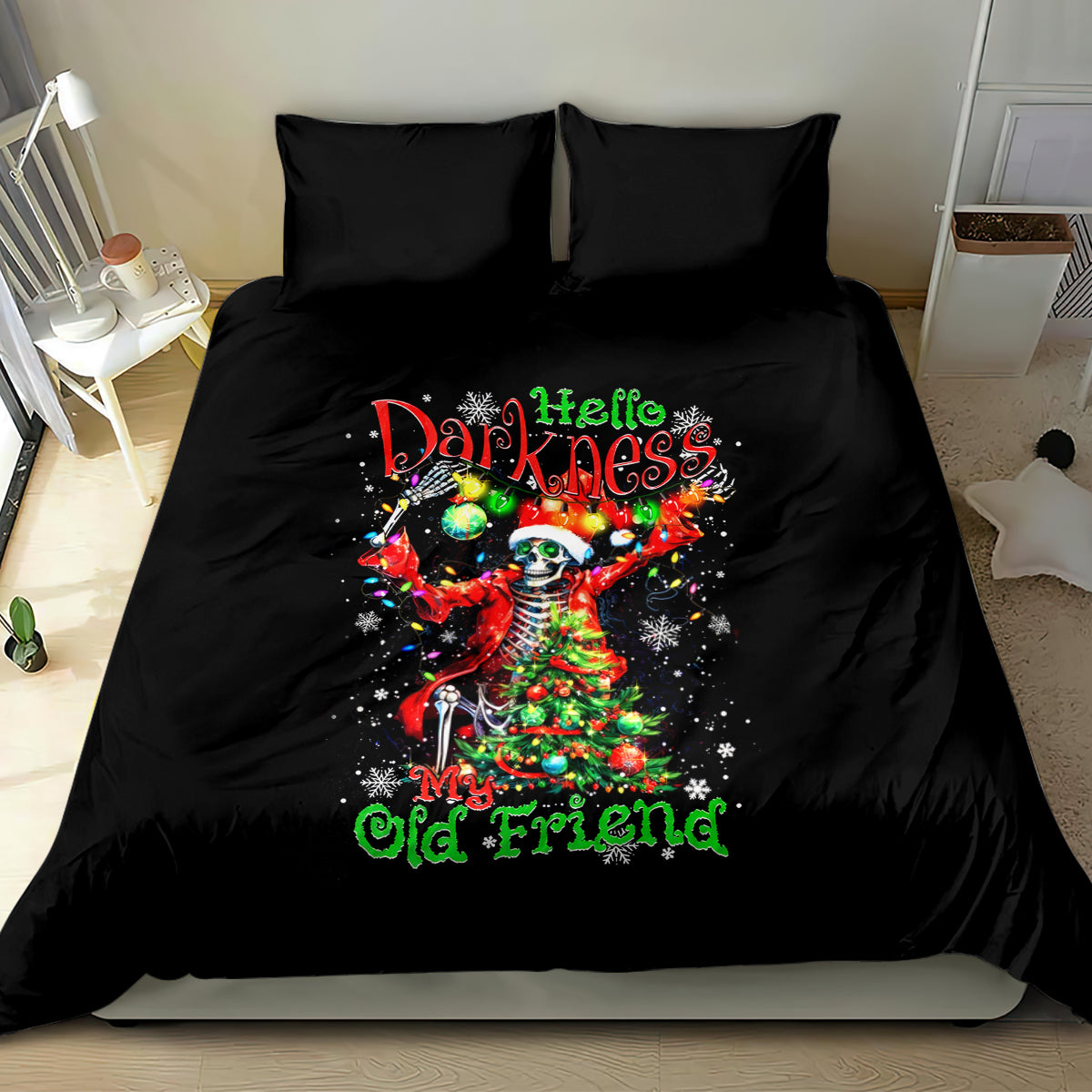 Black bedding set with skeleton Santa Christmas illustration and “Hello Darkness” text center