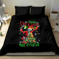 Black bedding set with skeleton Santa Christmas illustration and “Hello Darkness” text center