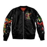 Black bomber jacket with front zip and colorful skeleton Santa graphic