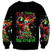Unisex black crewneck sweatshirt with colorful skeleton Santa graphic and festive text