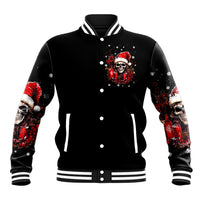 Black varsity baseball jacket with striped trim, skull Santa front graphic, red splatter