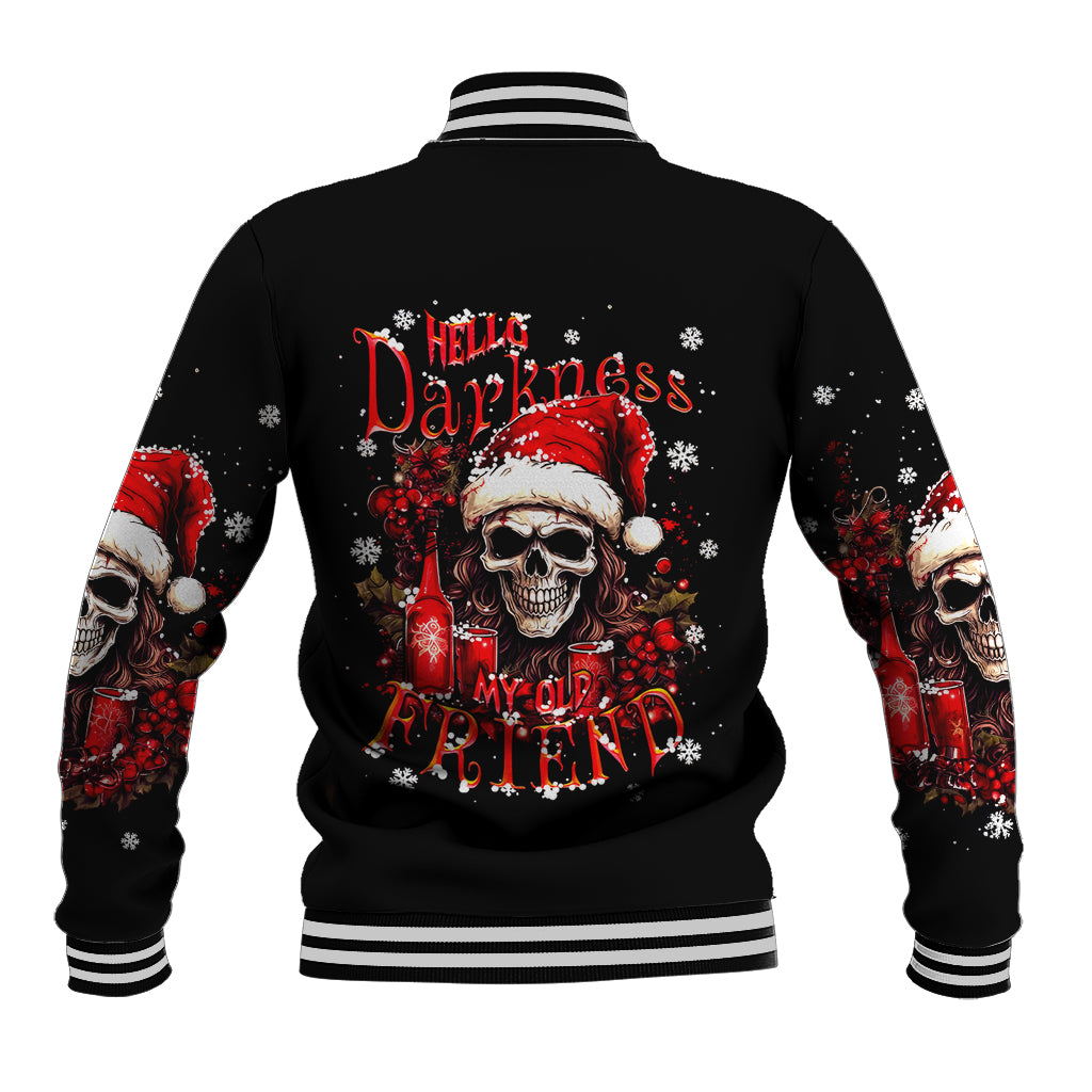 Black varsity baseball jacket with ribbed striped collar and back skull Santa graphic