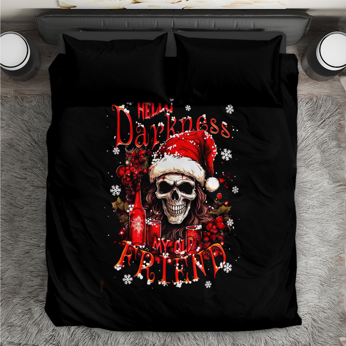 Black bedding set with red skull Santa graphic on duvet and two pillowcases