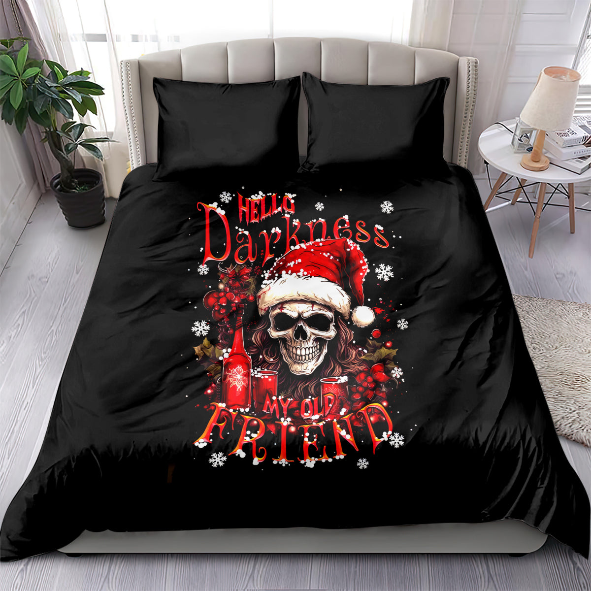 Black duvet and pillowcases with skull Santa Darkness print in red