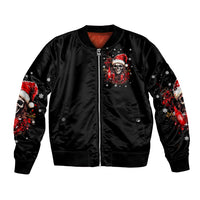 Black bomber jacket with skull Santa front graphic, red and white snowflake sleeve prints