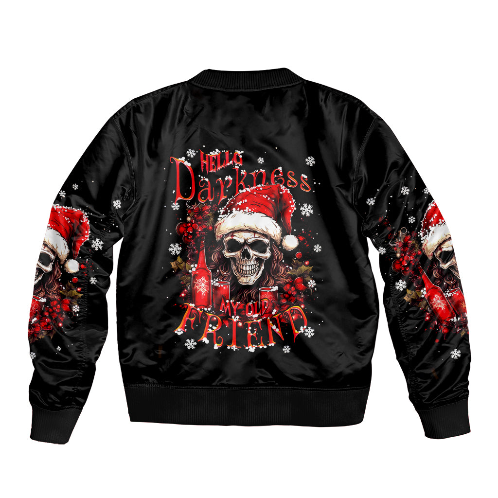 Black bomber jacket with skull Santa graphic on back and red snowflake sleeves