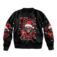 Black bomber jacket with skull Santa graphic on back and red snowflake sleeves