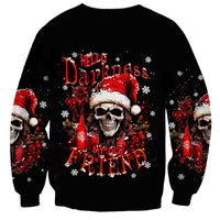 Black crewneck sweatshirt with skull Santa graphic, red text, and holiday snowflake sleeves