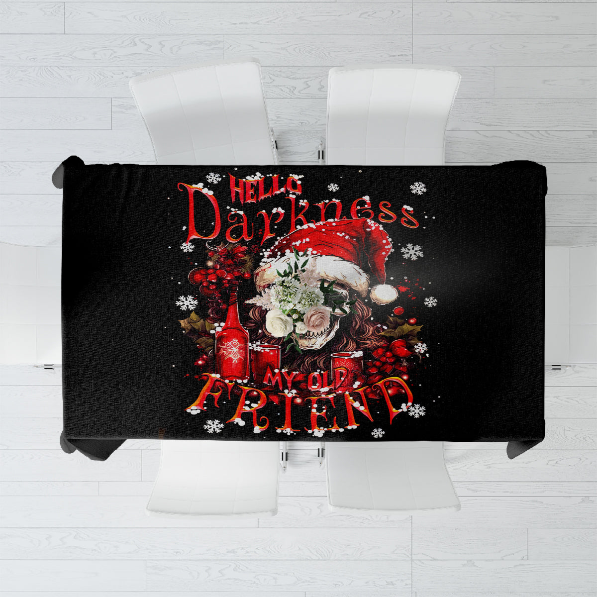 Black tablecloth with centered Santa skull and red 'Hello Darkness' lettering.