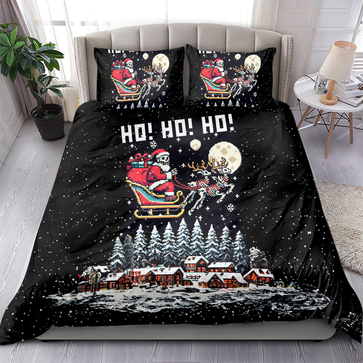 Black Santa skeleton bedding set with two pillow panels, sleigh scene, HO HO HO text