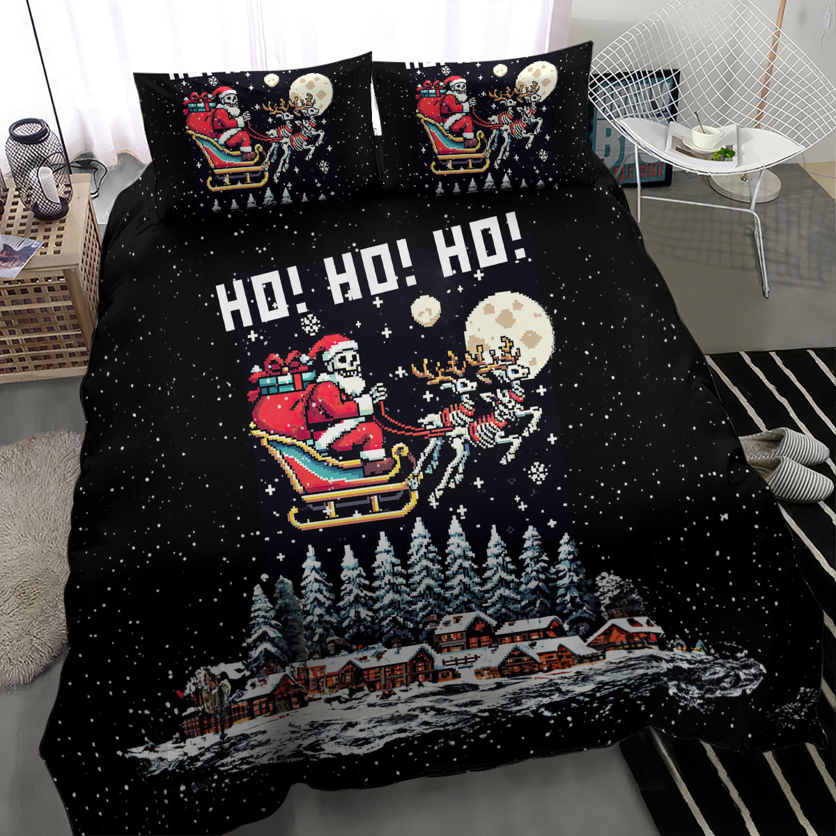 Black Santa skeleton bedding set close view with sleigh, moon, skeleton figures, HO HO HO