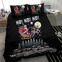 Black Santa skeleton bedding set close view with sleigh, moon, skeleton figures, HO HO HO
