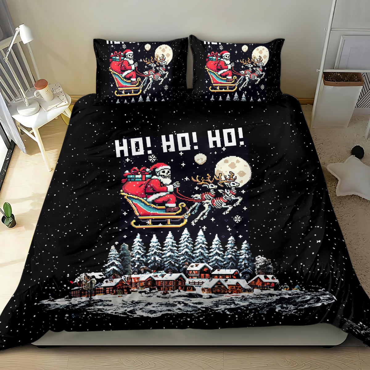Black Santa skeleton bedding set with snowy forest, houses, sleigh, and HO HO HO lettering