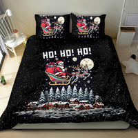 Black Santa skeleton bedding set with snowy forest, houses, sleigh, and HO HO HO lettering