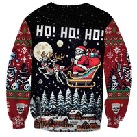 Unisex black sweatshirt with Skeleton Santa on sleigh, HO HO HO headline and tree-lined bottom