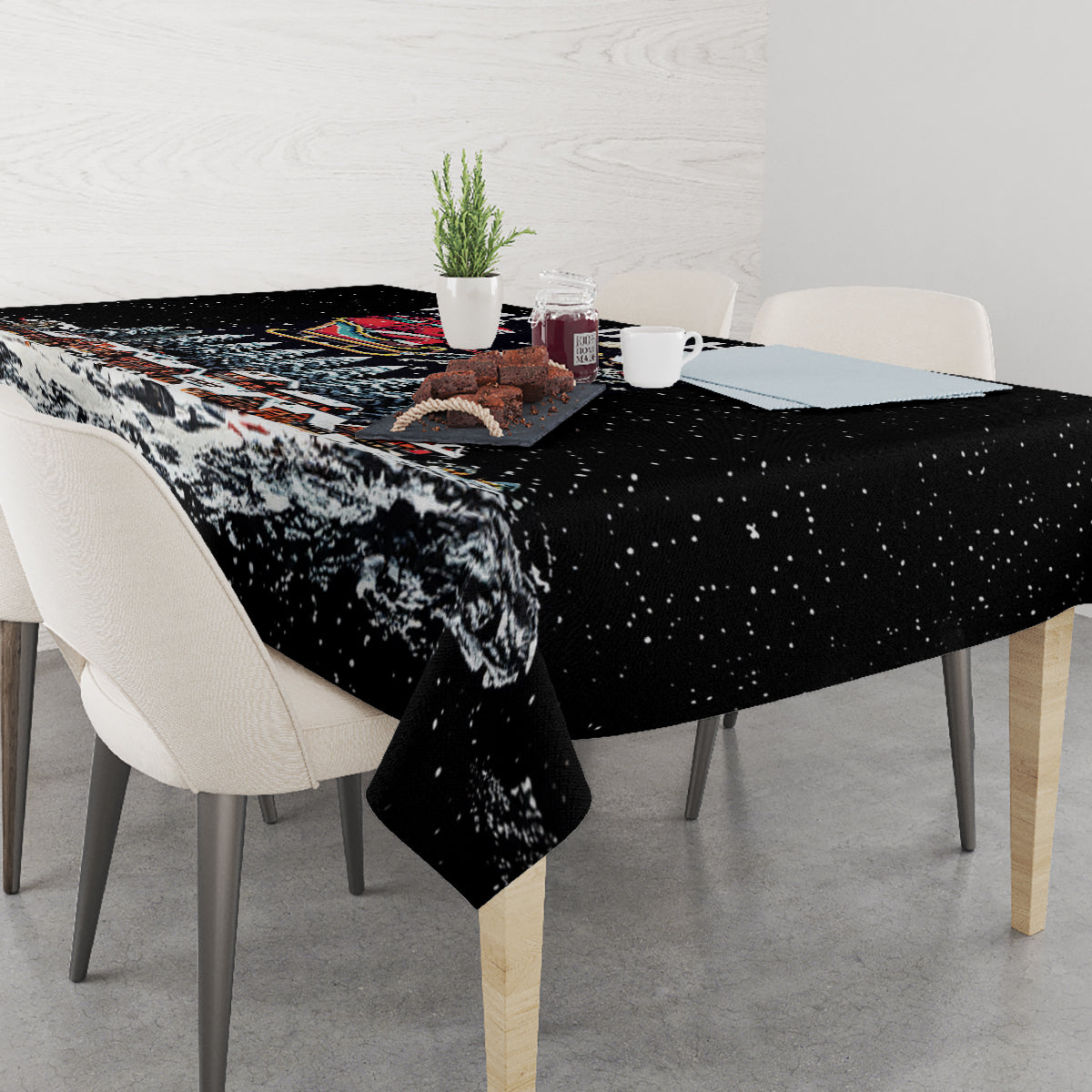 Black holiday tablecloth with winter skeleton Santa artwork and snowy forest print