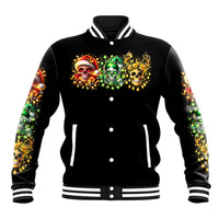 Black baseball jacket with striped rib trim, button front, and sugar skull Santa chest graphic