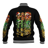 Black baseball jacket with striped rib trim and sugar skull Santa back graphic