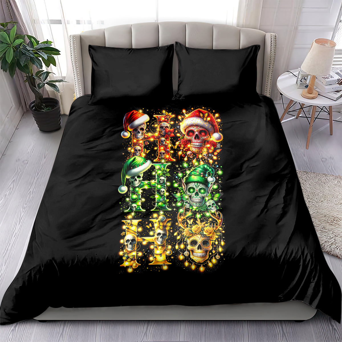 Black bedding set with sugar skull Santa duvet print and two pillowcases on bed