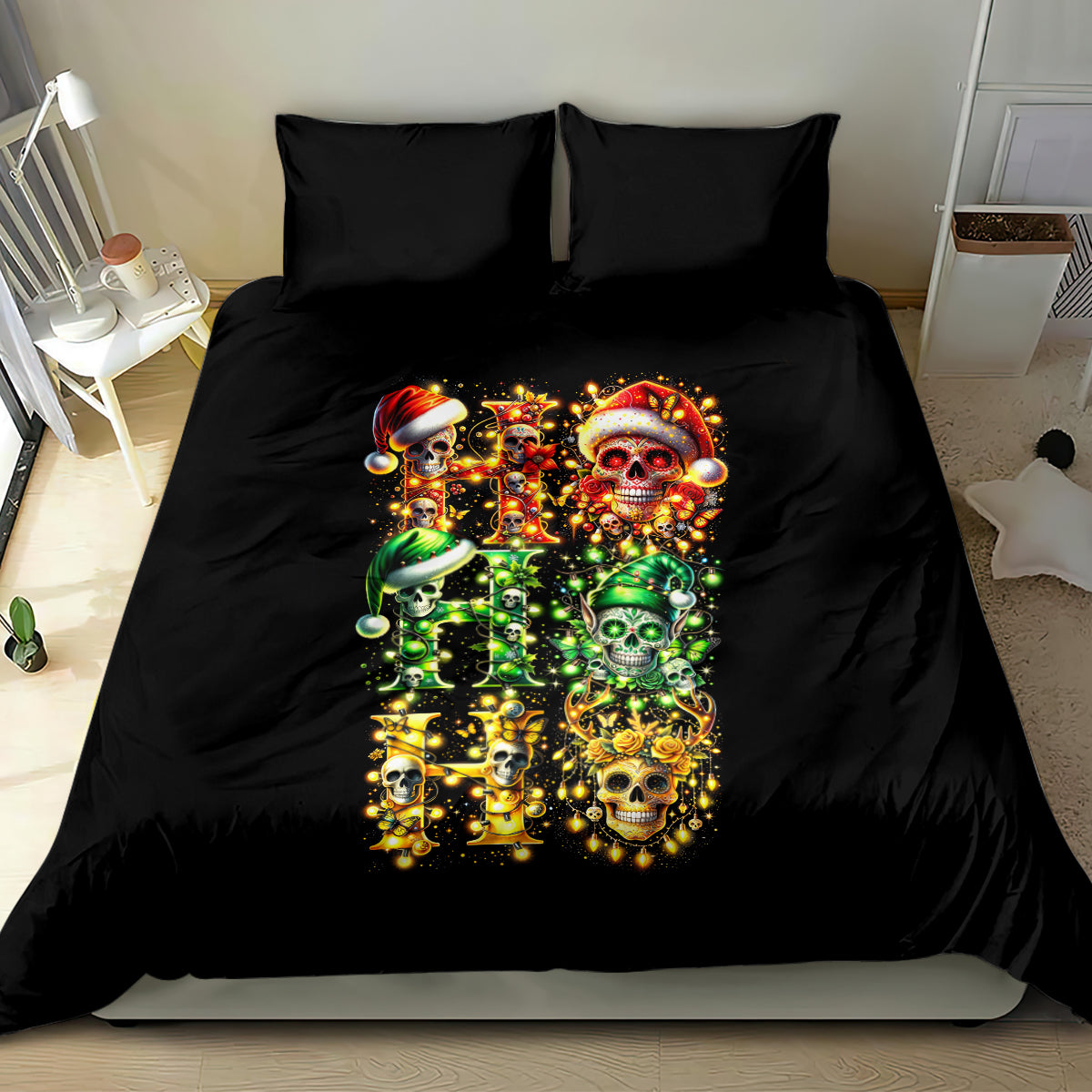 Black bedding set with large sugar skull Santa duvet print and two pillowcases