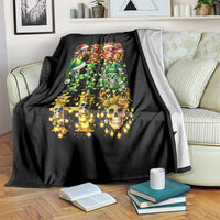 Black blanket with vibrant sugar skull Santa artwork, glowing lights and gold/green skulls