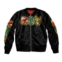 Black bomber jacket with zipper, colorful sugar skull Santa front and side graphics