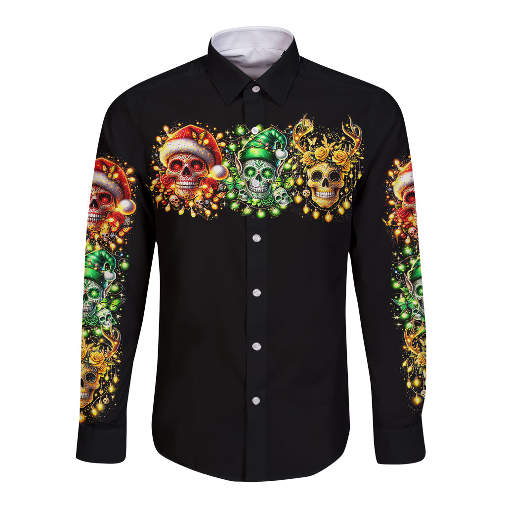 Men's black long-sleeve button-up shirt, front print with colorful sugar skulls