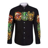 Men's black long-sleeve button-up shirt, front print with colorful sugar skulls