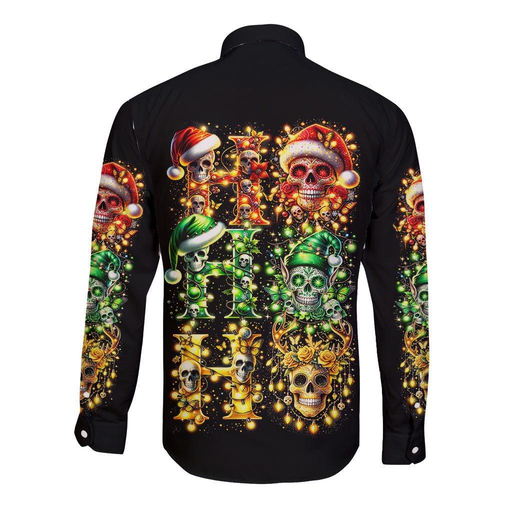 Men's black long-sleeve button-up shirt, back print of colorful sugar skulls
