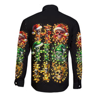Men's black long-sleeve button-up shirt, back print of colorful sugar skulls