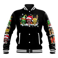 Black varsity jacket with colorful skeleton Santa graphic, snap-button front and striped ribbing