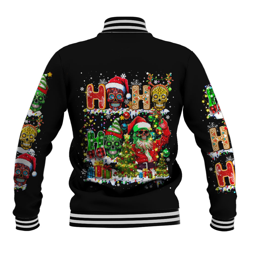 Black baseball jacket with colorful skeleton Santa graphic, striped ribbed collar and cuffs