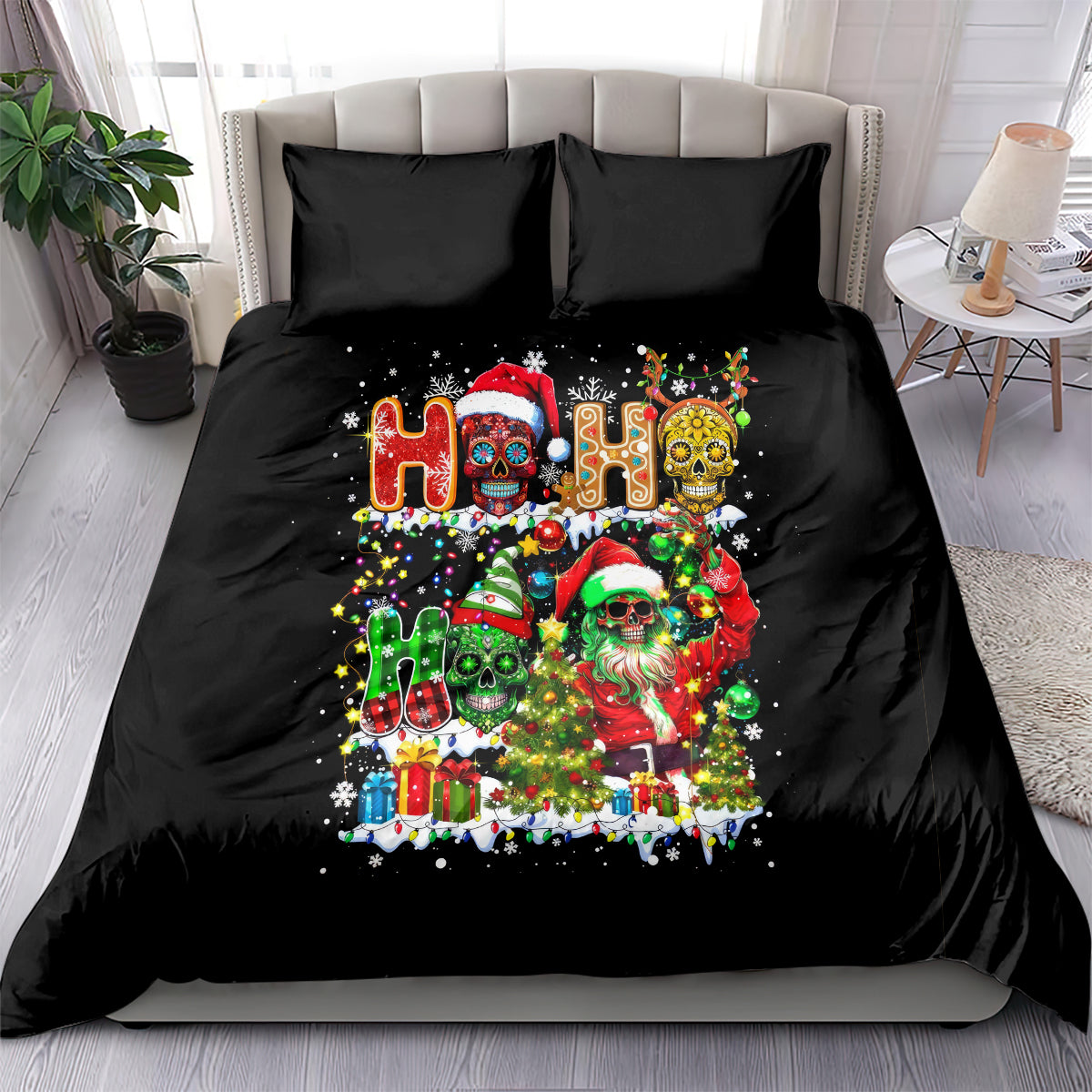Black duvet and pillow set with colorful skull Santa and skeleton characters holiday print